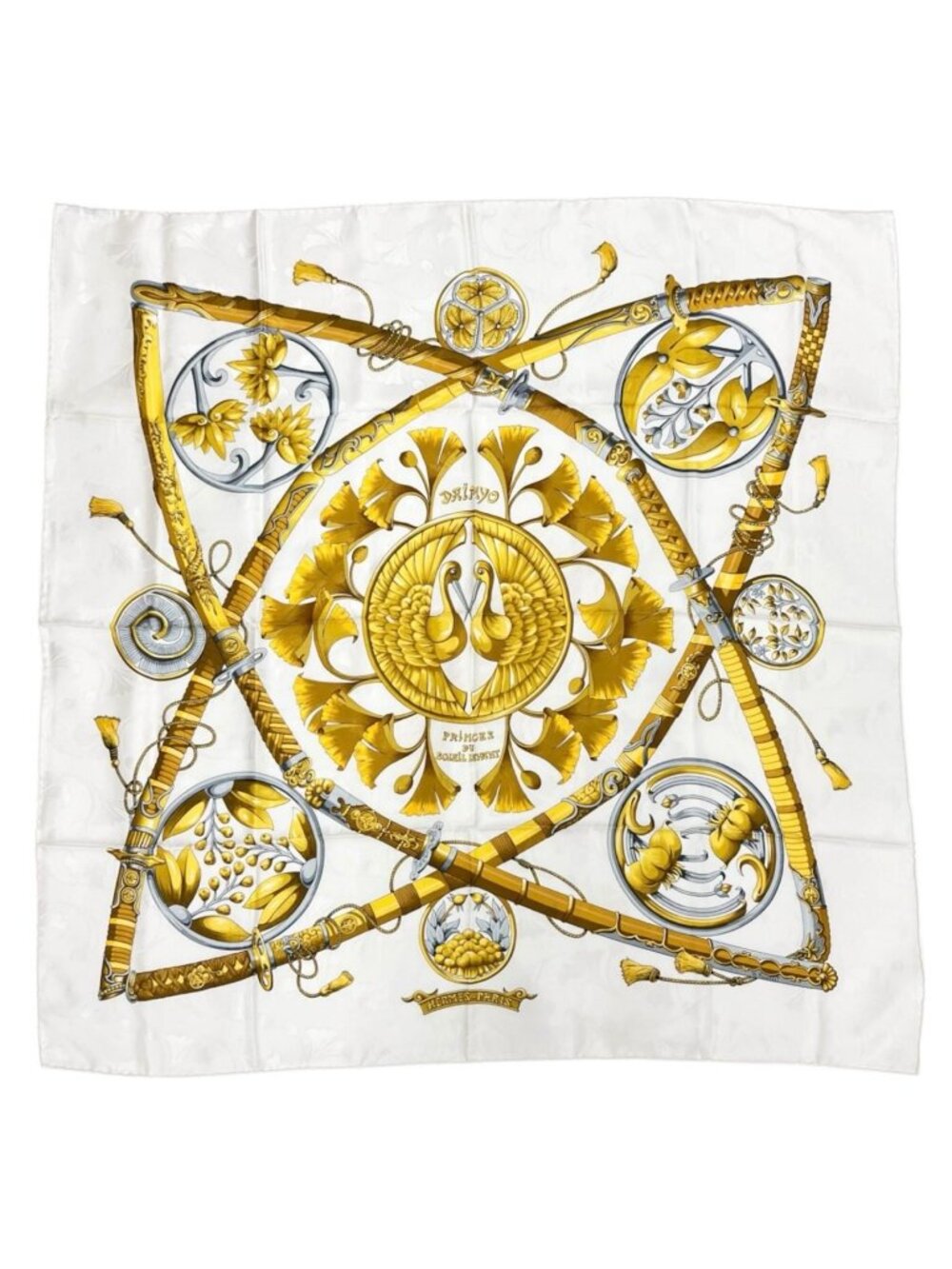 Hermes Carre 90 Scarf Silk White Daimyo Princes du Soleil Levant